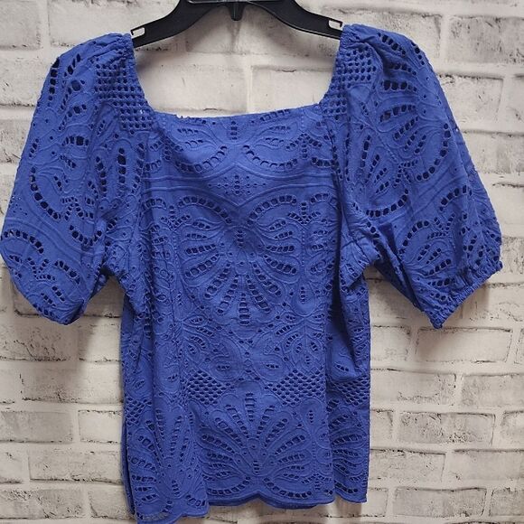 Talbots Blue Puff Sleeve Blouse with Relaxed Ruffled Style - Picture 4 of 4